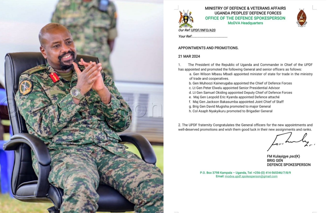 Gen Muhoozi Kainerugaba yagizwe Umugaba Mukuru w’Ingabo za Uganda, UPDF