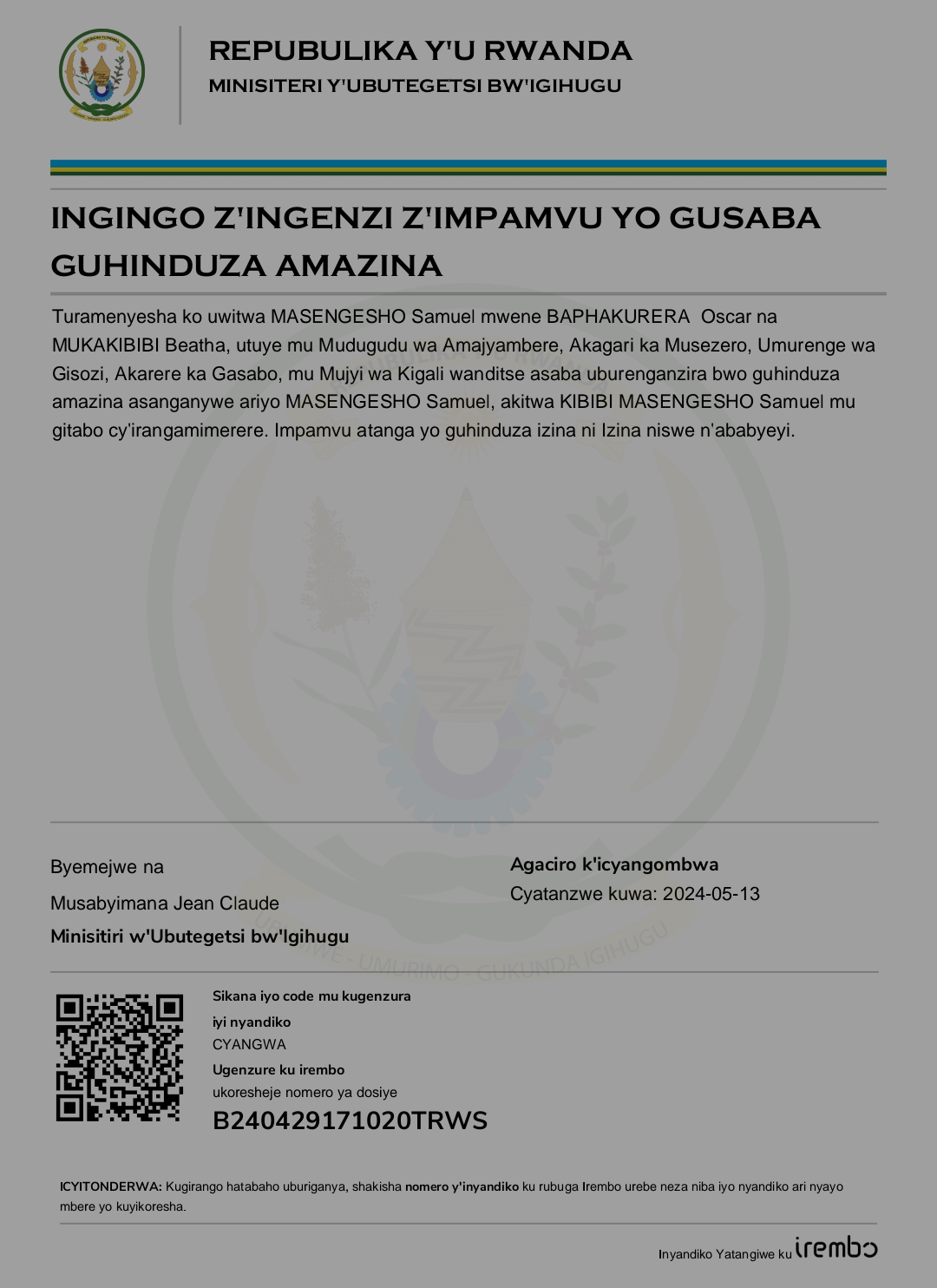 INGINGO Z’INGENZI Z’IMPAMVU YO GUSABA  GUHINDUZA AMAZINA