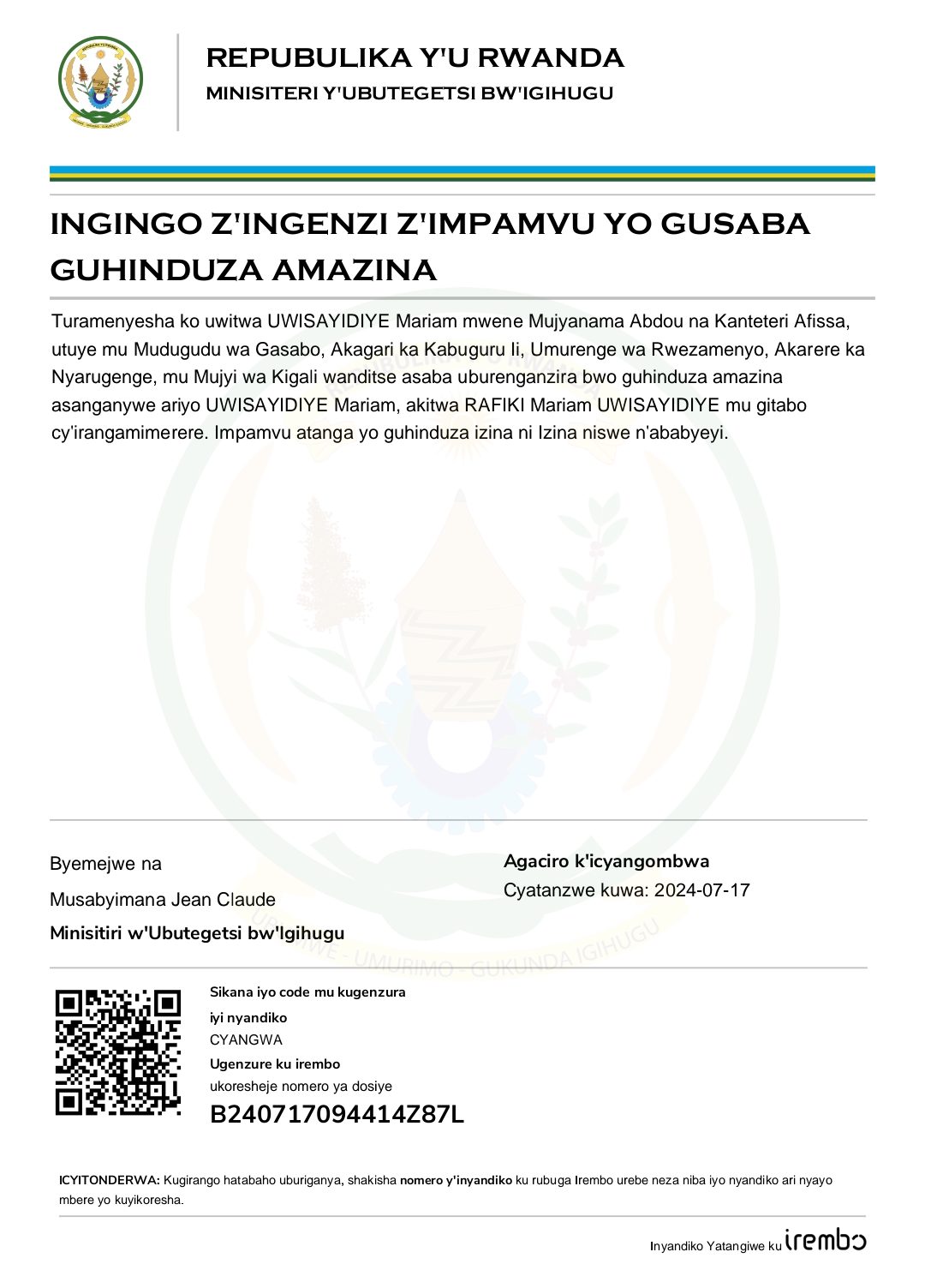 INGINGO Z’INGENZI Z’IMPAMVU YO GUSABA GUHINDUZA AMAZINA