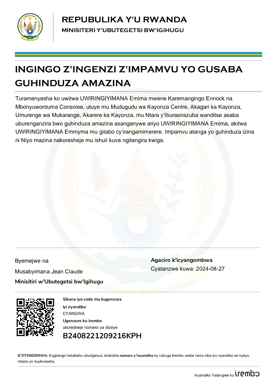 INGINGO Z’INGENZI Z’IMPAMVU YO GUSABA GUHINDUZA AMAZINA